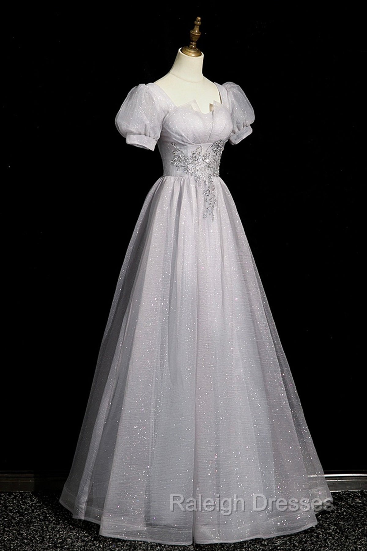 Gray Tulle Beaded Long Prom Dress, A-Line Short Sleeve Prom Prom Dress