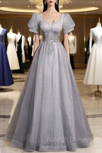 Gray Tulle Beaded Long Prom Dress, A-Line Short Sleeve Evening Party Dress