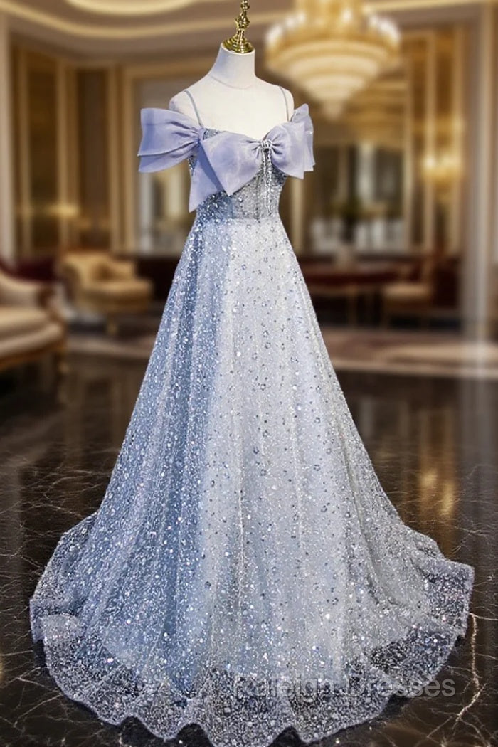 Gray Tulle Beaded Long Prom Dress, Off the Shoulder Evening Dress with Bow Main image