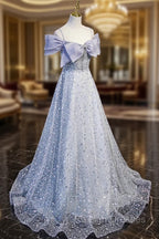 Gray Tulle Beaded Long Prom Dress, Off the Shoulder Evening Dress with Bow