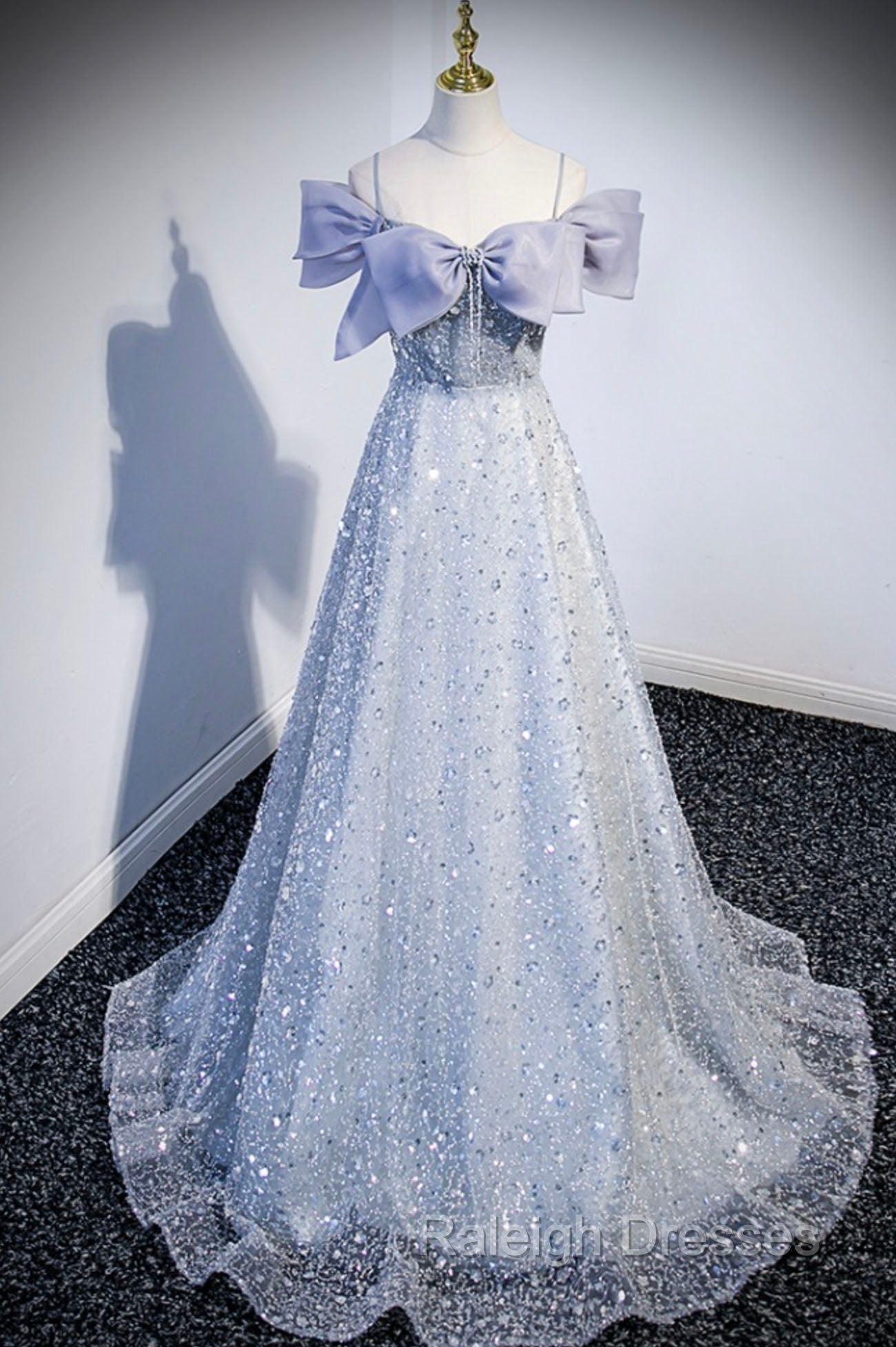 Gray Tulle Beaded Long Prom Dress, Off the Shoulder Evening Dress with Bow Secondary image
