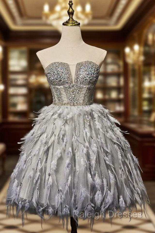 Gray Tulle Beading Feather Short Homecoming Dress Main image