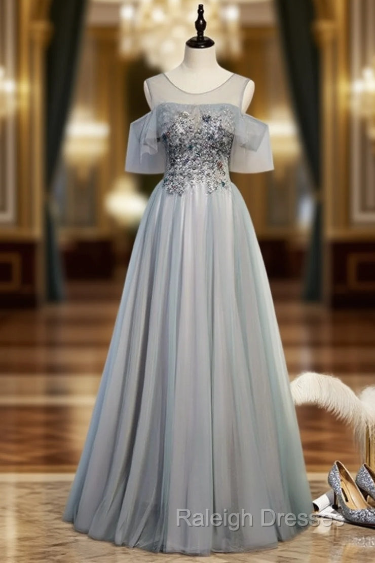 Gray Tulle Beading Sequins Formal Prom Dress
