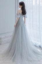 Gray Tulle Beads Long A Line Prom Dress Evening Dress