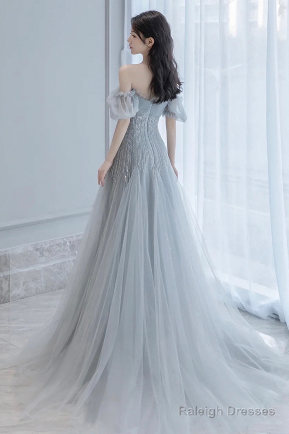 Gray Tulle Beads Long A Line Prom Dress Evening Dress