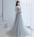 Gray Tulle Beads Long A Line Prom Dress Evening Dress
