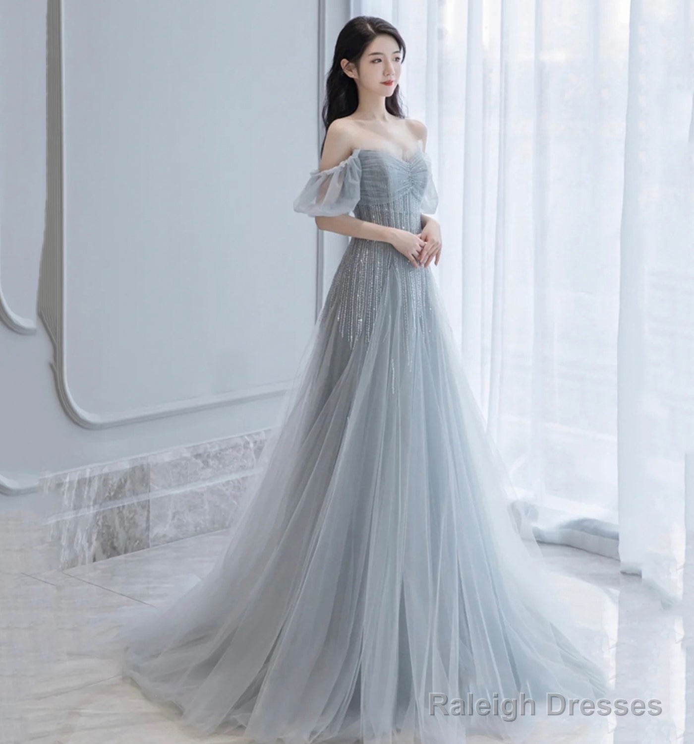 Gray Tulle Beads Long A Line Prom Dress Evening Dress