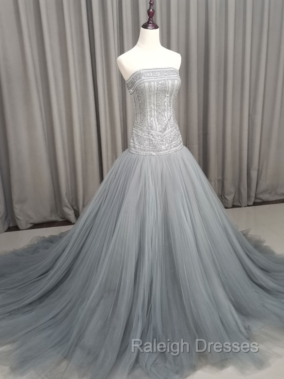 Gray Tulle Beads Long Prom Dress Gray Tulle Formal Evening Graduation Dresses Secondary image