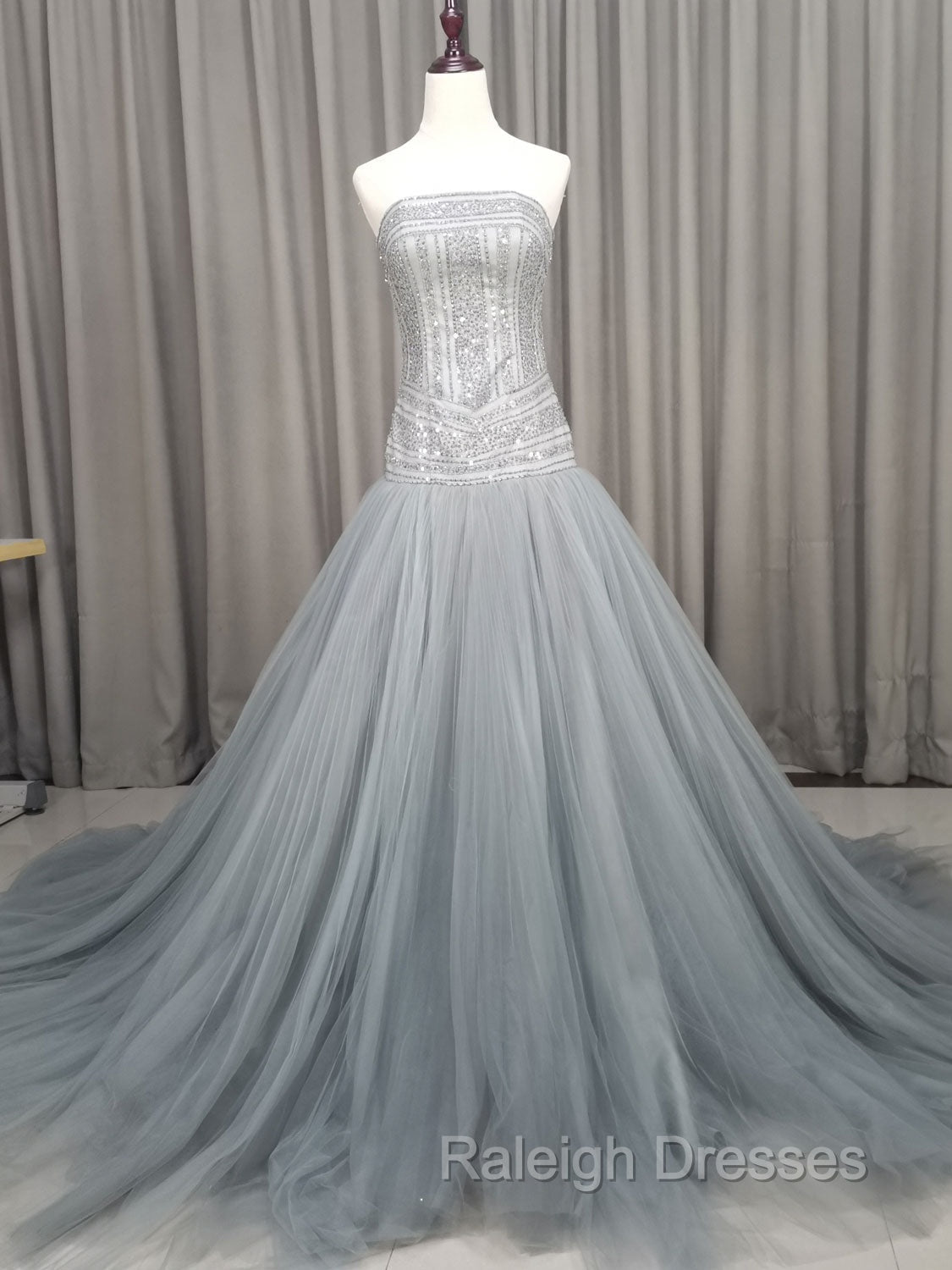 Gray Tulle Beads Long Prom Dress Gray Tulle Formal Evening Graduation Dresses