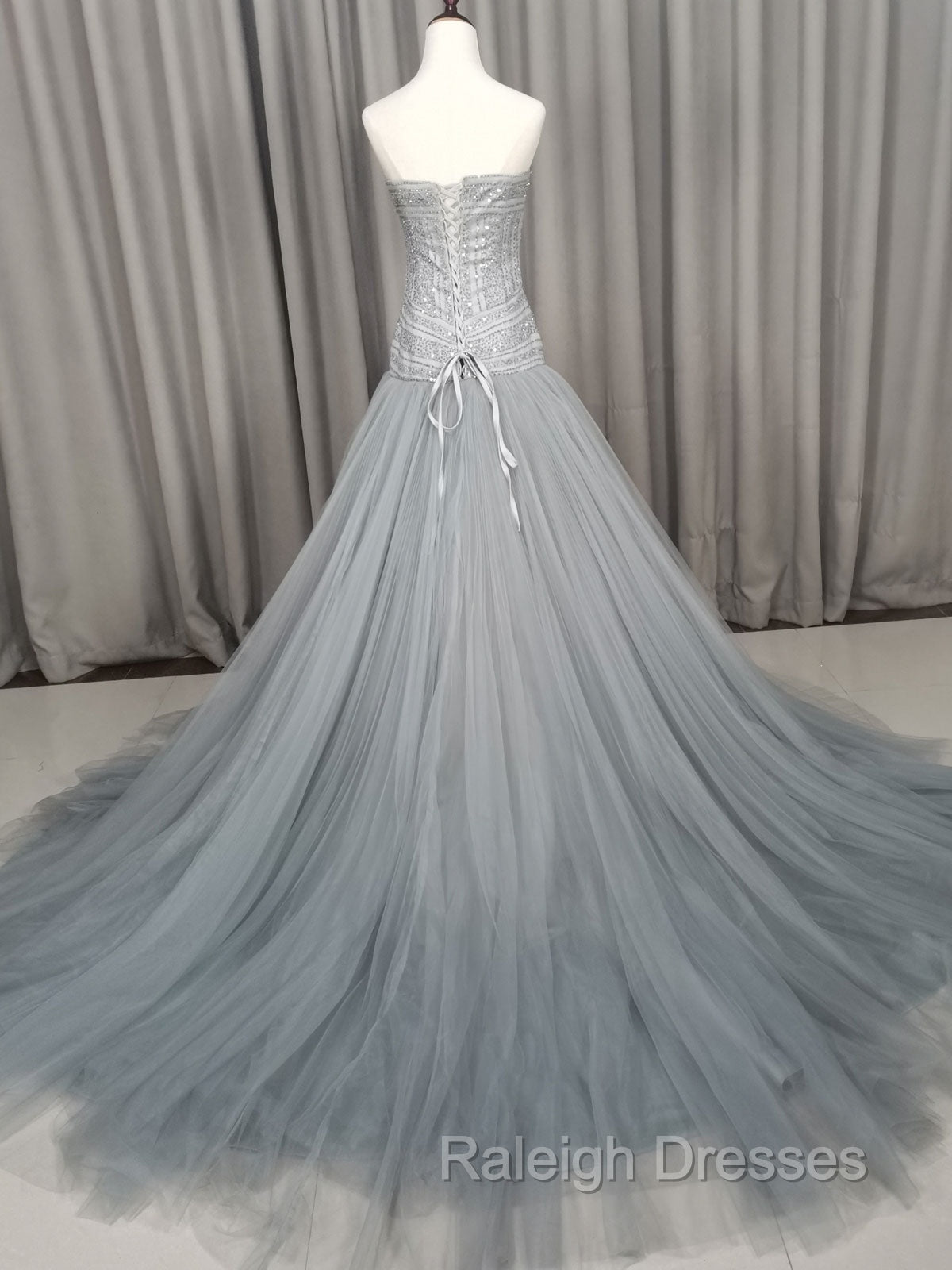 Gray Tulle Beads Long Prom Dress Gray Tulle Formal Evening Graduation Dresses