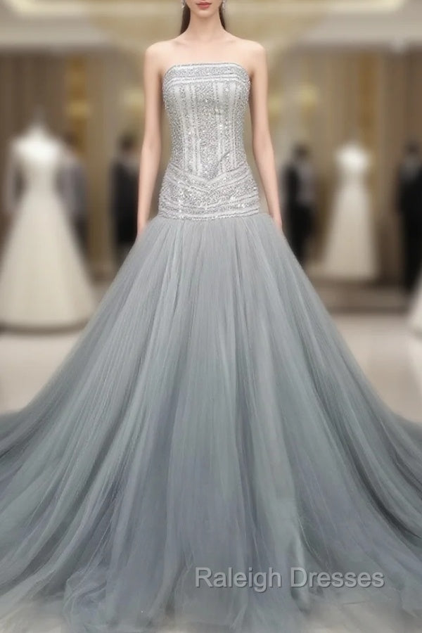 Gray Tulle Beads Long Prom Dress Gray Tulle Formal Evening Graduation Dresses