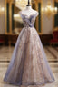Gray Tulle Cap Sleeve Sequins Beading Long Prom Dress