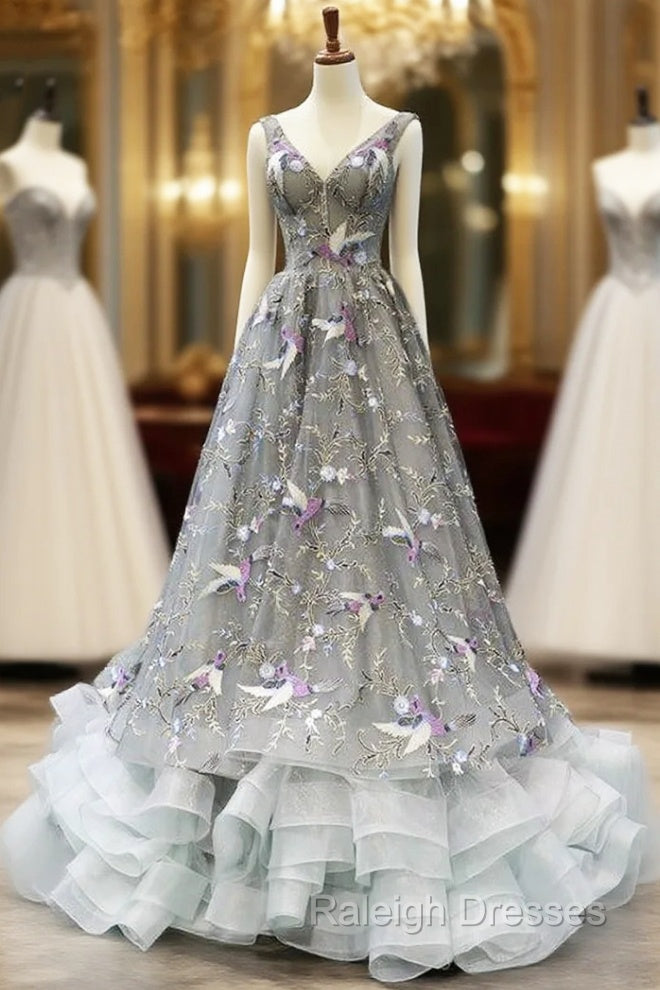 Gray Tulle Embroidery V-neck Backless Corset Prom Dress Main image