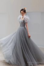 Gray Tulle Floor Length A-Line Prom Dress, Lovely Puff Sleeve Evening Party Dress