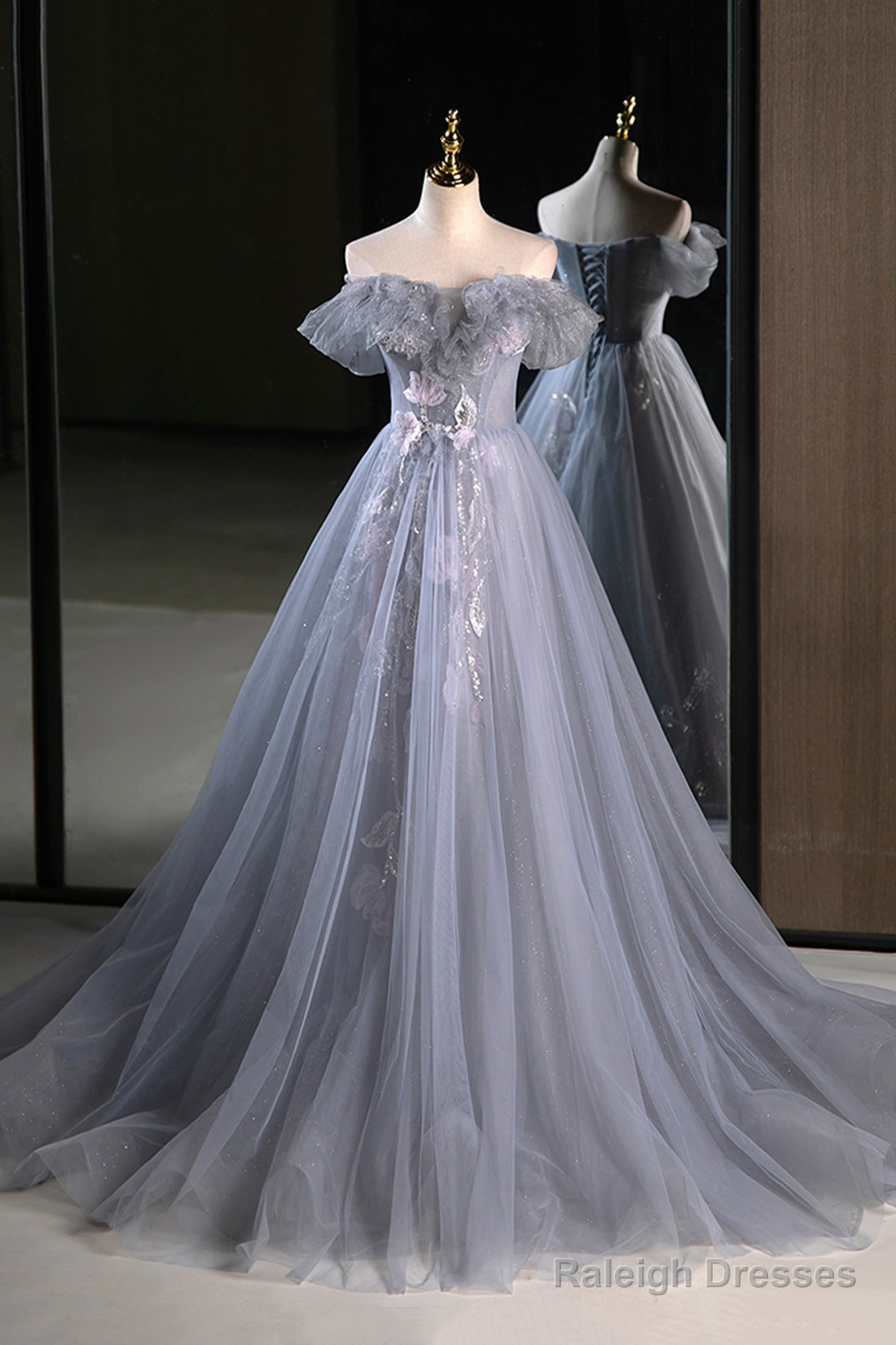 Gray Tulle Floor Length Prom Dress, Beautiful A-Line Off The Shoulder Evening Party Dress Main image