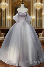 Gray Tulle Floor Length Prom Dress, Off the Shoulder Evening Party Dress
