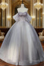 Gray Tulle Floor Length Prom Dress, Off the Shoulder Evening Party Dress