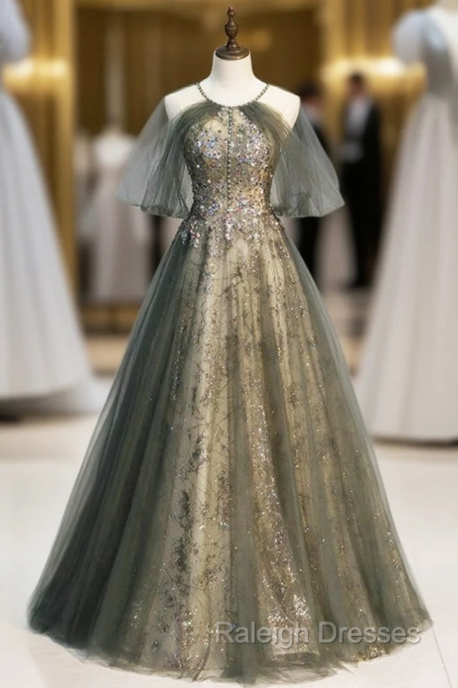 Gray Tulle Halter Backless Beading Sequins Prom Dress Main image