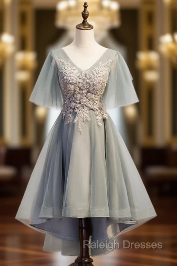 Gray Tulle Hig Lo V-neck Short Sleeve Beading Prom Dress
