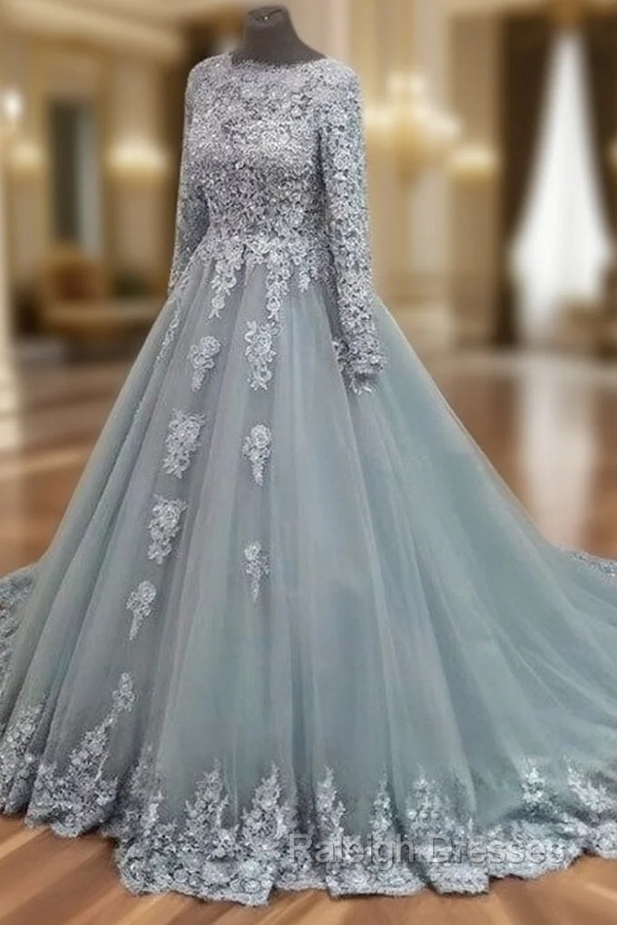 Gray Tulle Lace Applique Long Prom Dress, Gray Evening Dress Main image