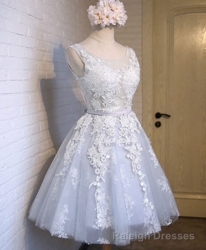 Gray Tulle Lace Applique Short Prom Dress, Gray Homecoming Dresses Main image