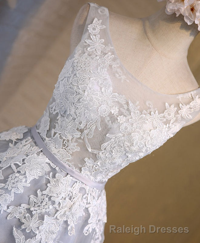 Gray Tulle Lace Applique Short Prom Dress, Gray Homecoming Dresses