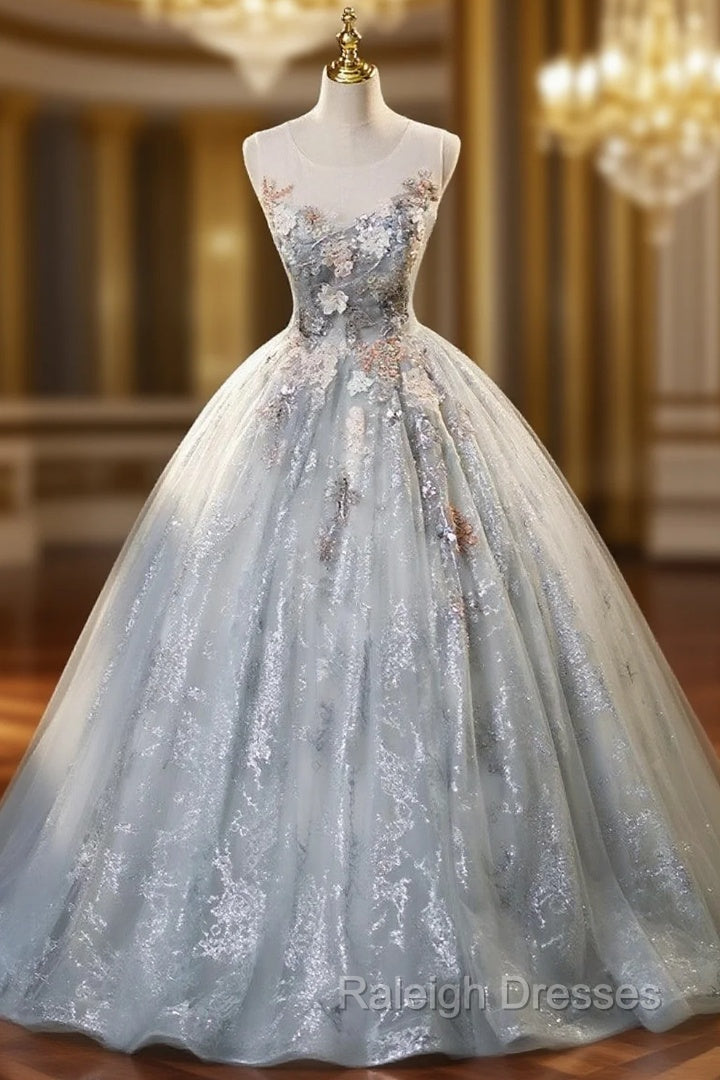 Gray Tulle Lace Appliques Quinceanera Dress Main image