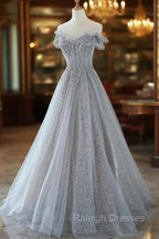Gray Tulle Lace Floor Length Evening Dress, Off the Shoulder Prom Dress