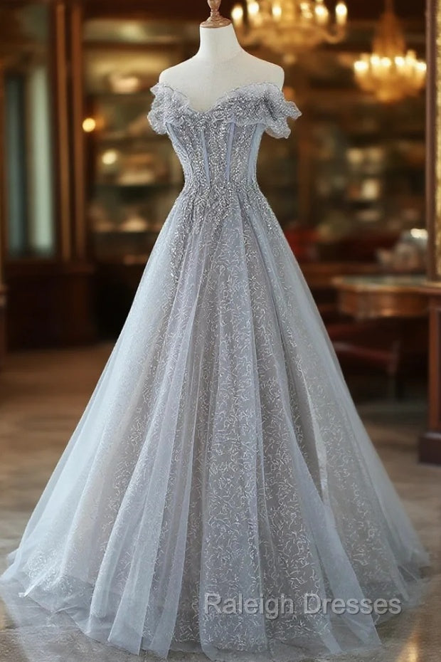Gray Tulle Lace Floor Length Evening Dress, Off the Shoulder Prom Dress