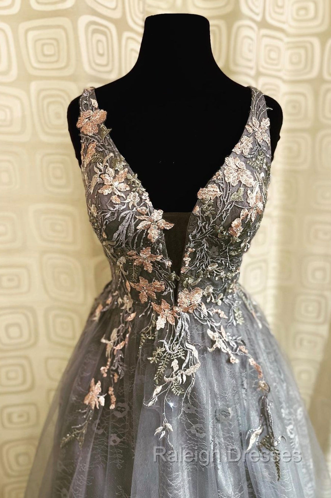 Gray Tulle Lace long A Line Prom Dress, Gray V Neck Prom Prom Dress Secondary image
