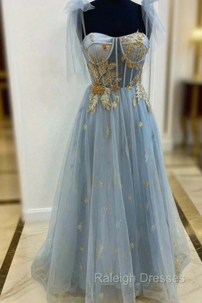 Gray Tulle Lace Long Prom Dresses A Line Spaghetti Straps Prom Dresses