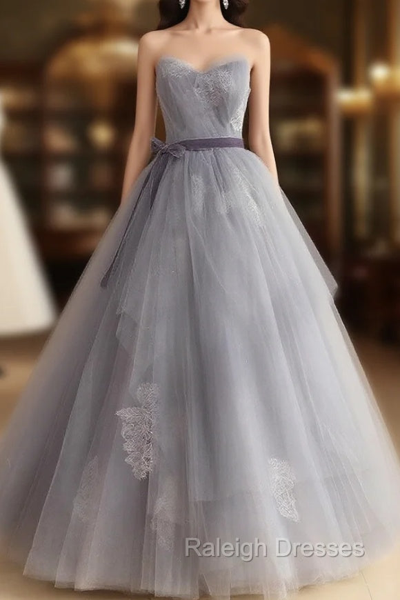 Gray Tulle Lace Long Prom Dress, Gray Ball Gown Formal Dresses Main image