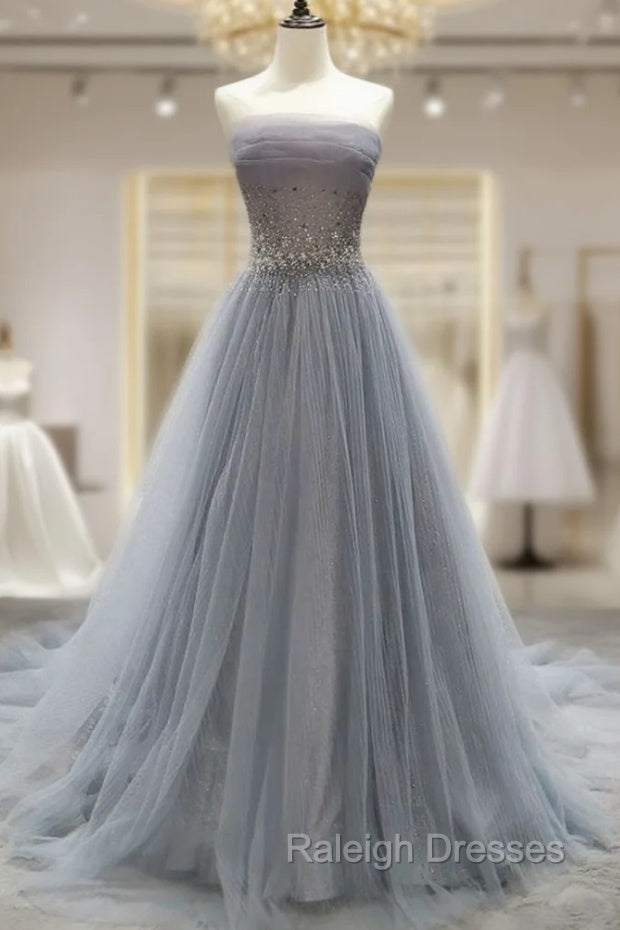 Gray Tulle Lace Long Prom Dress, Gray Blue Tulle Lace Prom Dress