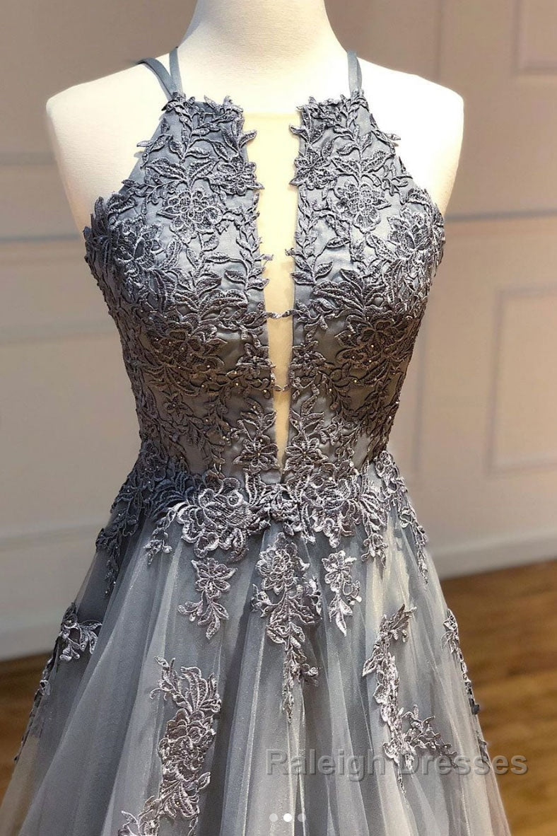Gray tulle lace long prom dress gray tulle lace formal dress Secondary image
