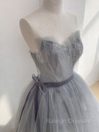 Gray Tulle Lace Long Prom Dress, Gray Tulle Sweet 16 Dress