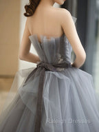 Gray Tulle Lace Long Prom Dress, Gray Tulle Sweet 16 Dress