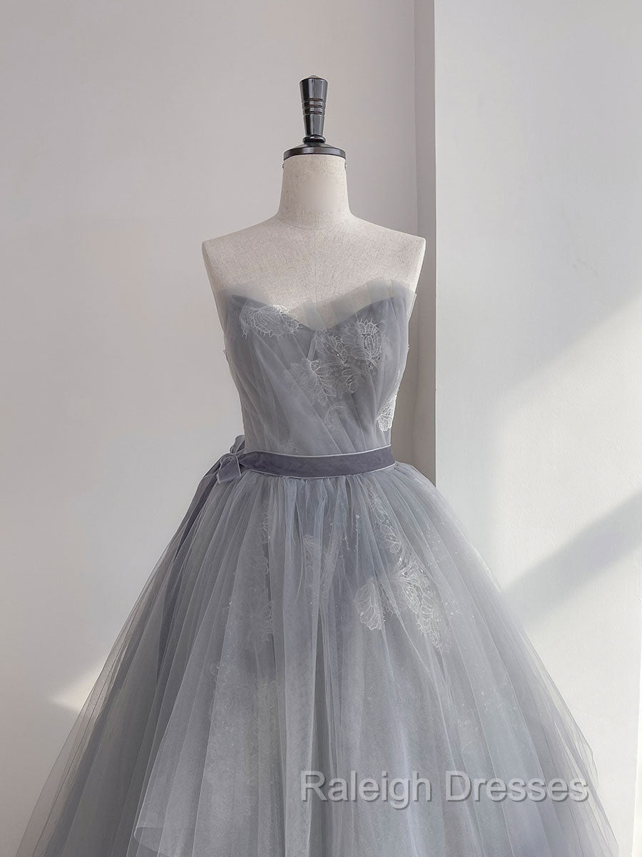 Gray Tulle Lace Long Prom Dresses Gray Tulle Sweet 16 Dresses