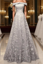 Gray tulle lace long prom dress, lace tulle bridesmaid dress