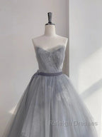 Gray Tulle Lace Prom Dresses Long Sweet 16 Dresses A-Line Off Shoulder December Wedding Guest Dresses