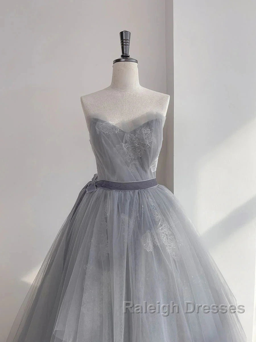 Gray Tulle Lace Long Prom Dress Sweet 16 Dress A Line Off Shoulder December Wedding Guest Dress