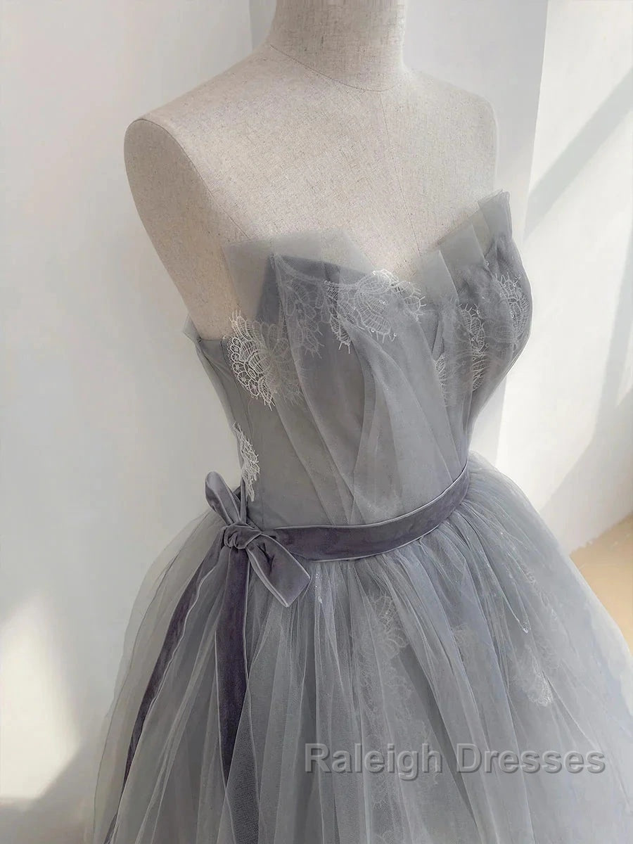 Gray Tulle Lace Long Prom Dress Sweet 16 Dress A Line Off Shoulder December Wedding Guest Dress