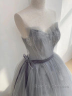Gray Tulle Lace Prom Dresses Long Sweet 16 Dresses A-Line Off Shoulder December Wedding Guest Dresses