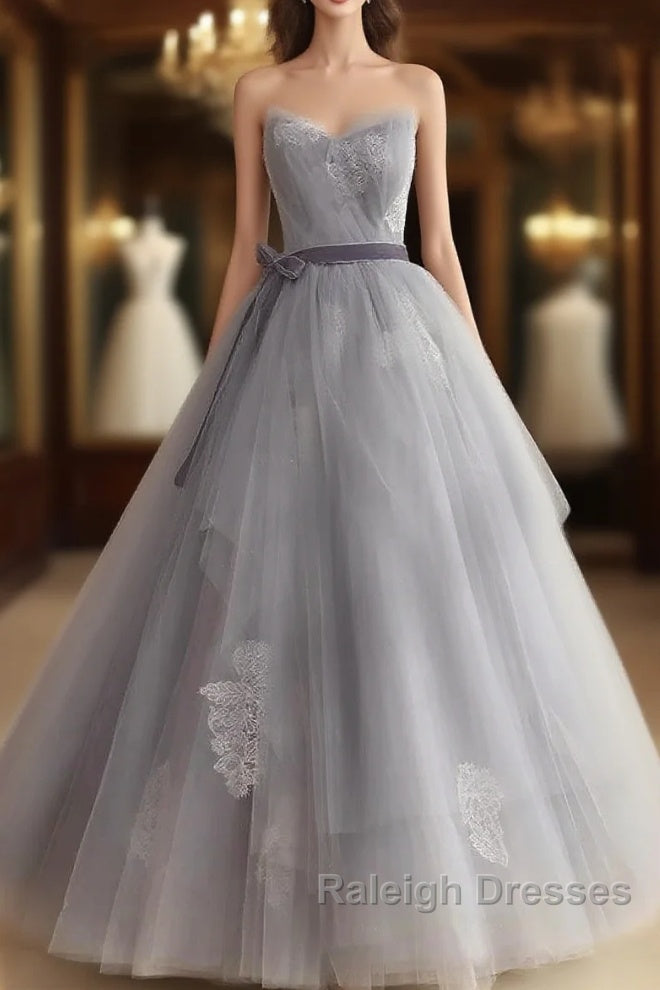 Gray Tulle Lace Long Prom Dress Sweet 16 Dress A Line Off Shoulder December Wedding Guest Dress Main image