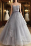 Gray Tulle Lace Prom Dresses Long Sweet 16 Dresses A-Line Off Shoulder December Wedding Guest Dresses