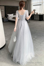 Gray Tulle Lace Long Prom Dresses, A-Line Evening Dresses