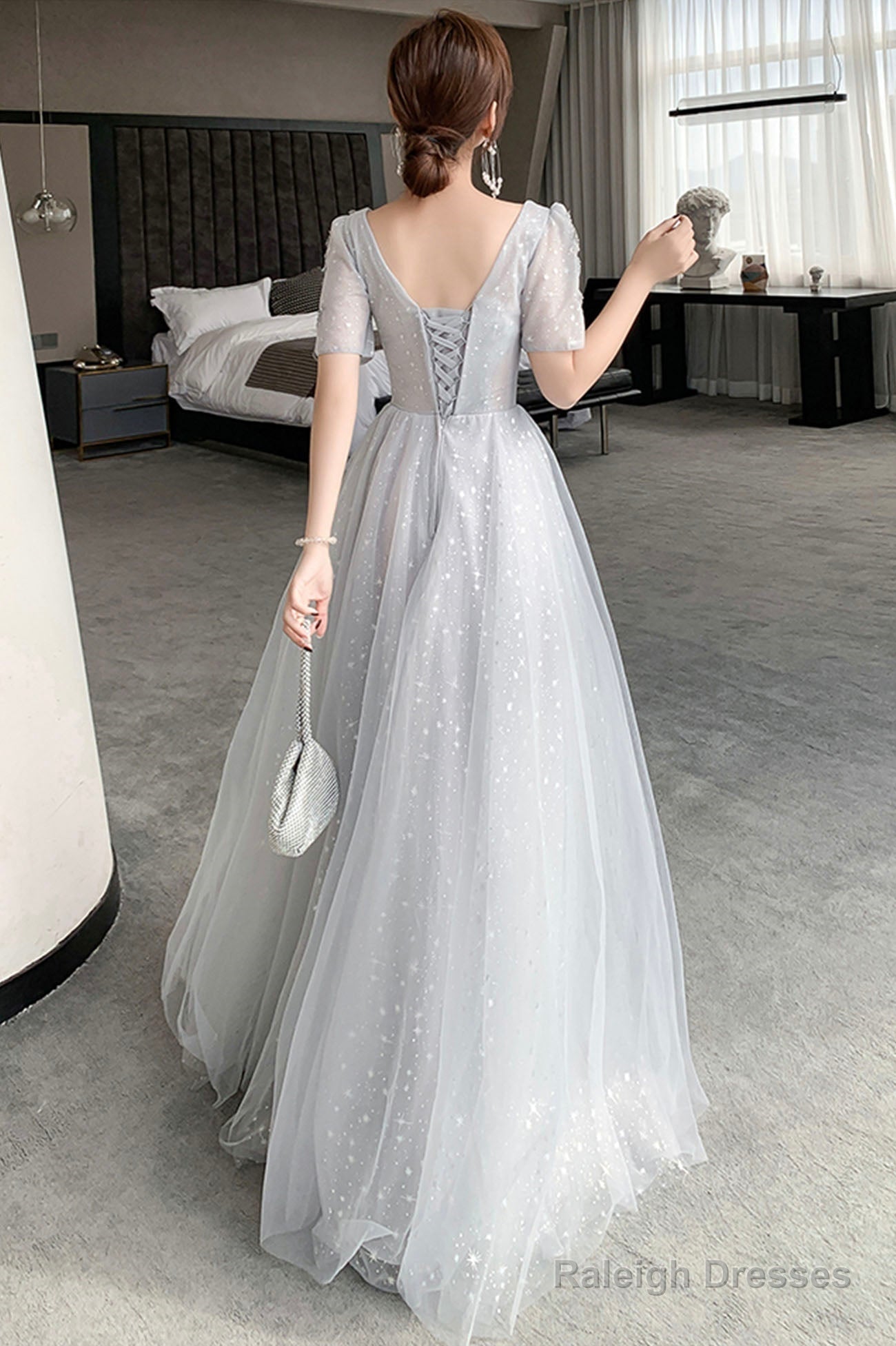 Gray Tulle Lace Long Prom Dress A-Line Prom Dress