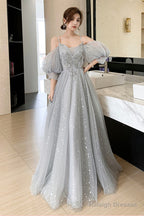 Gray Tulle Lace Long Prom Dresses, A-Line Evening Dresses