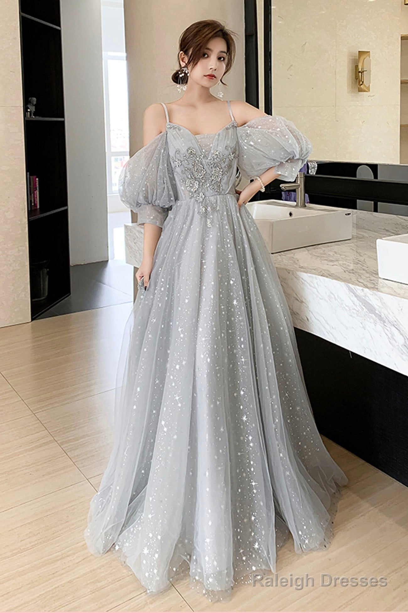 Gray Tulle Lace Long Prom Dresses, A-Line Evening Dresses