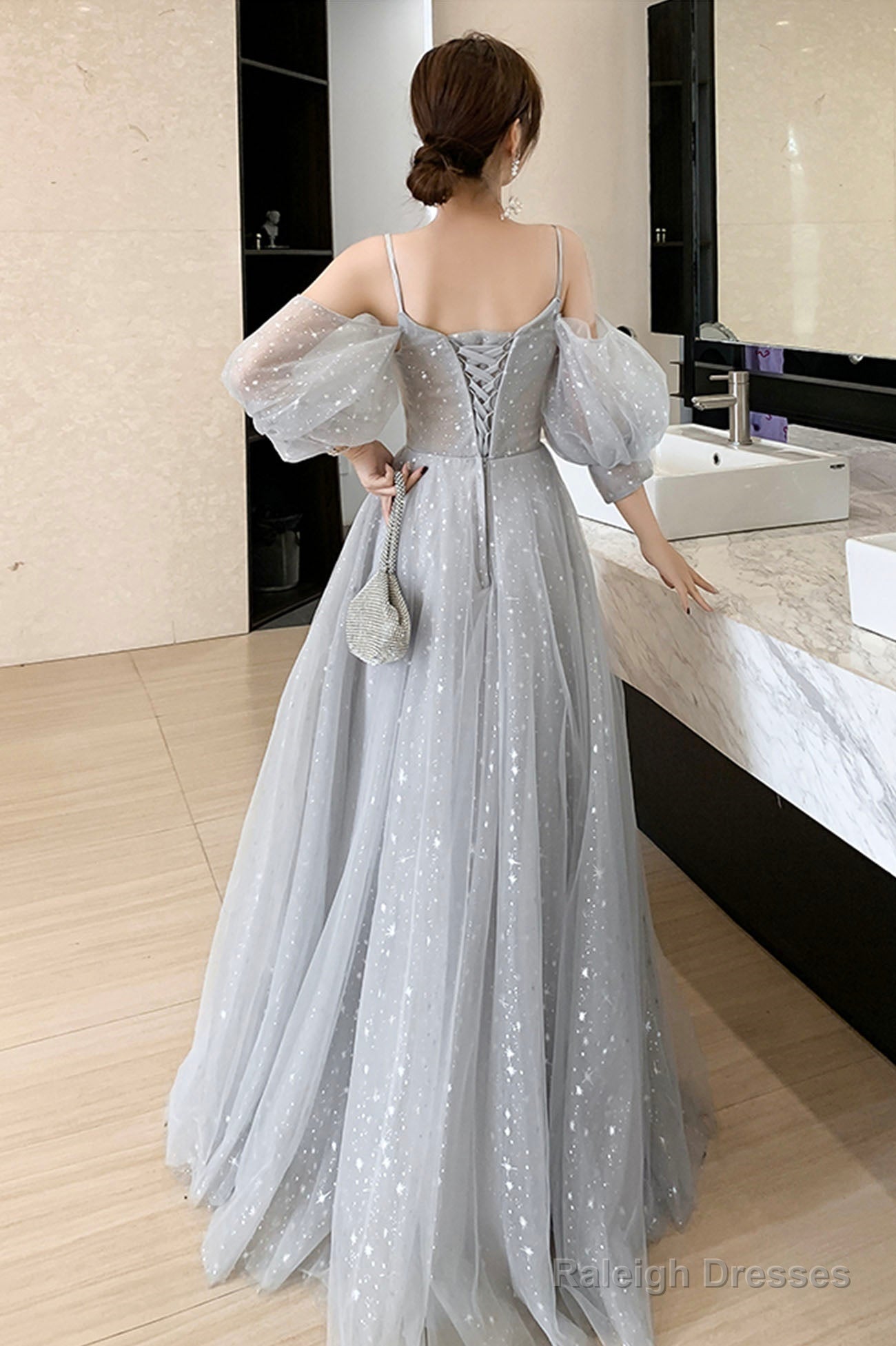 Gray Tulle Lace Long Prom Dresses, A-Line Evening Dresses