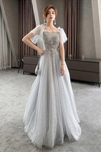 Gray Tulle Lace Long Prom Dresses, A-Line Evening Dresses
